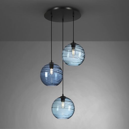 Ljus/mörkblå Geos 3-ljus taklampa i kristall och metall, Ø55x125 cm