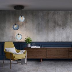 Ljus/mörkblå Geos 3-ljus taklampa i kristall och metall, Ø55x125 cm