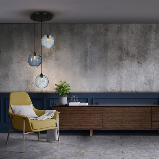 Ljus/mörkblå Geos 3-ljus taklampa i kristall och metall, Ø55x125 cm