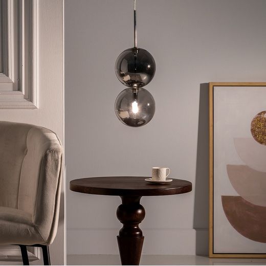 Glass and metal ceiling lamp in smoky gray and silver, Ø 15 x 120 cm