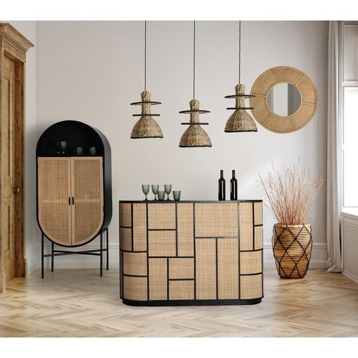 Lampa sufitowa z włókna naturalnego i liny w kolorze naturalnym i czarnym, 27 x 27 x 38 cm | Kasy