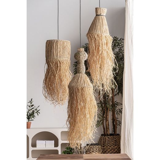 Natural fiber and raffia ceiling lamp in natural, 32 x 32 x 75 cm | Kasses