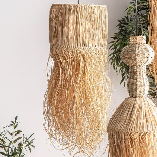 Natural fiber and raffia ceiling lamp in natural, 32 x 32 x 75 cm | Kasses