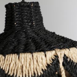 Lisse natural fiber, rope and iron ceiling lamp in black/natural, 34 x 34 x 26 cm