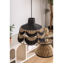 Lisse natural fiber, rope and iron ceiling lamp in black/natural, 34 x 34 x 26 cm