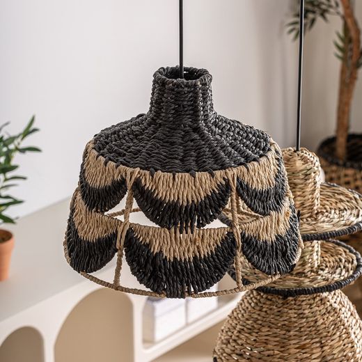 Lisse natural fiber, rope and iron ceiling lamp in black/natural, 34 x 34 x 26 cm