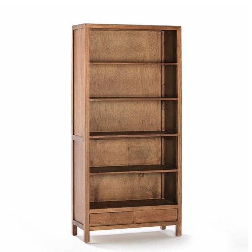Veiled natural wood bookcase with 5 shelves and 2 drawers, 90x40x190 cm