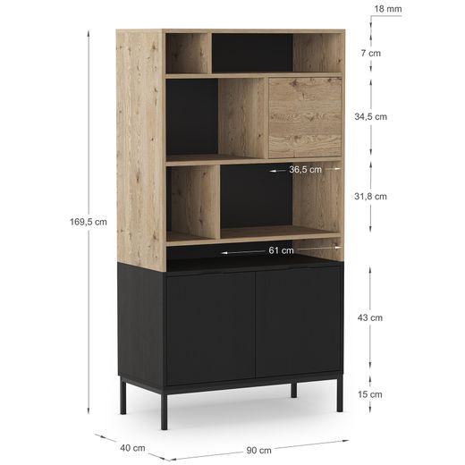 Wooden and metal bookcase in oak and black, 90 x 40 x 170 cm | Marion