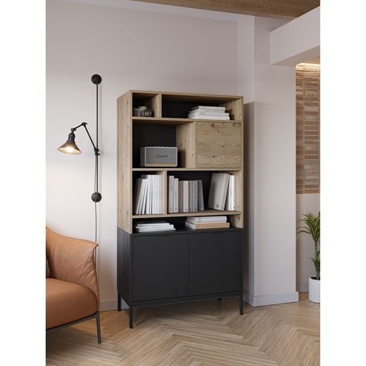 Wooden and metal bookcase in oak and black, 90 x 40 x 170 cm | Marion