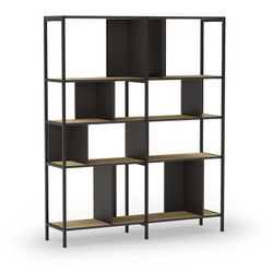 Træ og metal reol i sort og eg farve, 144 x 35 x 175 cm | Alabama