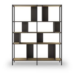 Træ og metal reol i sort og eg farve, 144 x 35 x 175 cm | Alabama