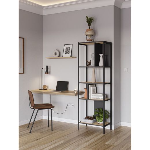 Wood and metal bookcase in black and oak colour, 58 x 35 x 175 cm | Alabama