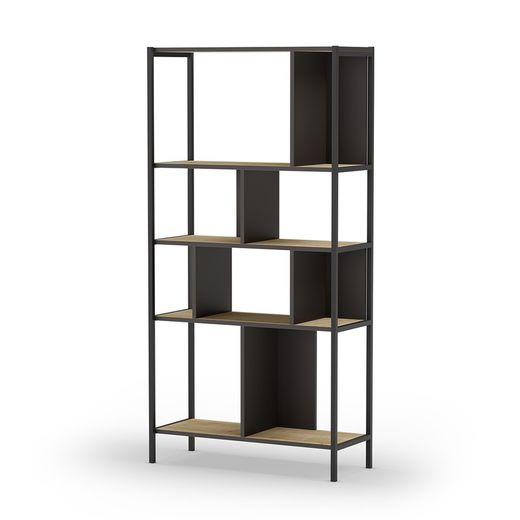 Bibliothèque en bois et métal couleur noir et chêne, 88 x 35 x 175 cm | Alabama