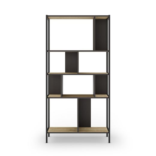 Bibliothèque en bois et métal couleur noir et chêne, 88 x 35 x 175 cm | Alabama