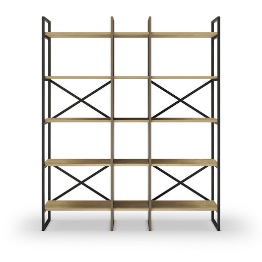 Wood and metal bookcase in black and natural, 143.5 x 35 x 175 cm | Ara