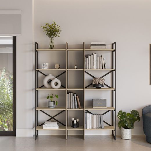 Wood and metal bookcase in black and natural, 143.5 x 35 x 175 cm | Ara