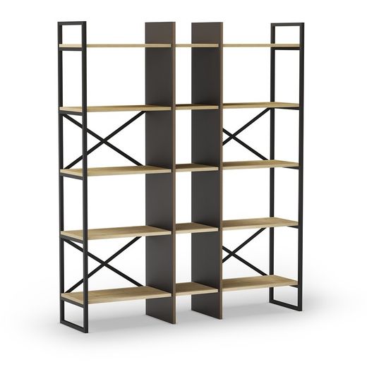 Wood and metal bookcase in black and natural, 143.5 x 35 x 175 cm | Ara