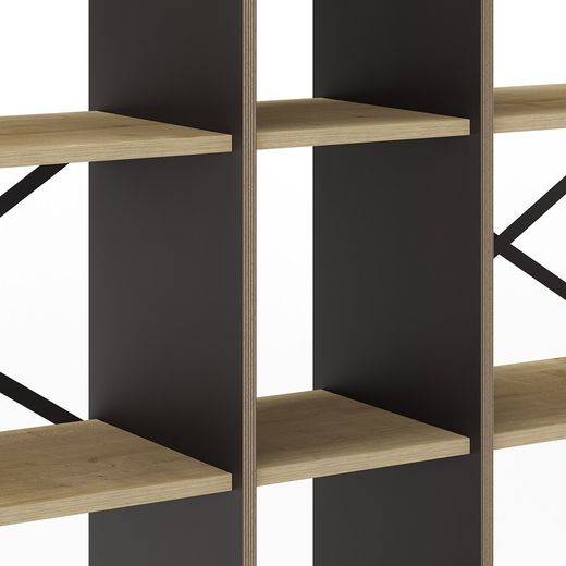 Wood and metal bookcase in black and natural, 143.5 x 35 x 175 cm | Ara