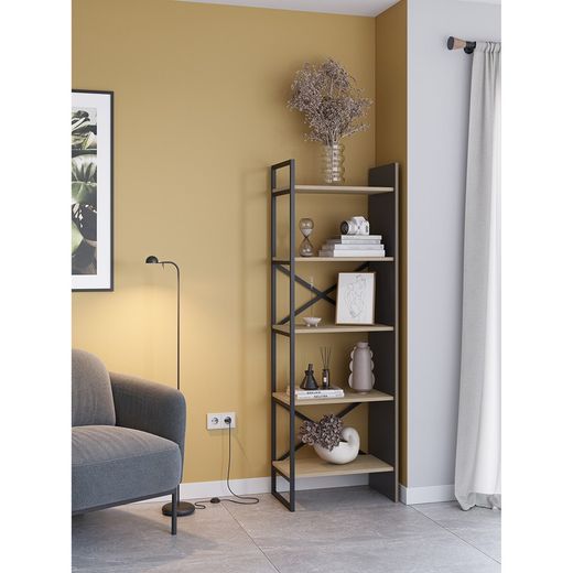 Wood and metal bookcase in black and natural, 58 x 35 x 175 cm | Ara