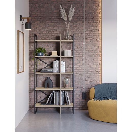Wood and metal bookcase in black and natural, 87.5 x 35 x 175 cm | Ara