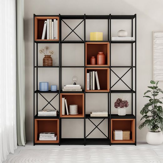 Wood and metal bookcase in black and terracotta, 139.5 x 39 x 179 cm | Anya