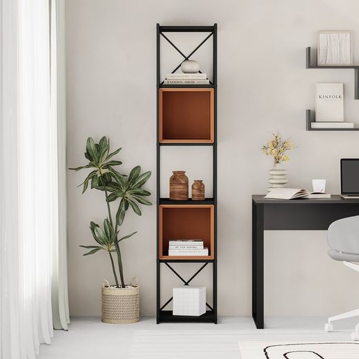 Wood and metal bookcase in black and terracotta, 36 x 39 x 179 cm | Anya