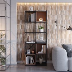Bücherregal aus Holz und Metall in Schwarz und Terrakotta, 70,5 x 39 x 179 cm | Anya