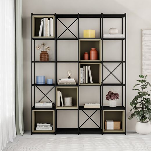 Bücherregal aus Holz und Metall in Schwarz und Grün, 139,5 x 39 x 179 cm | Anya