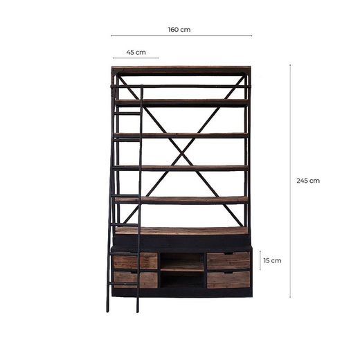 Black/Wood Ivalo Recycled Pine Bookcase, 160x45x245cm