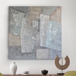Abstract Canvas in Acrylic and Silver Leaf Planes, 130x4x130cm