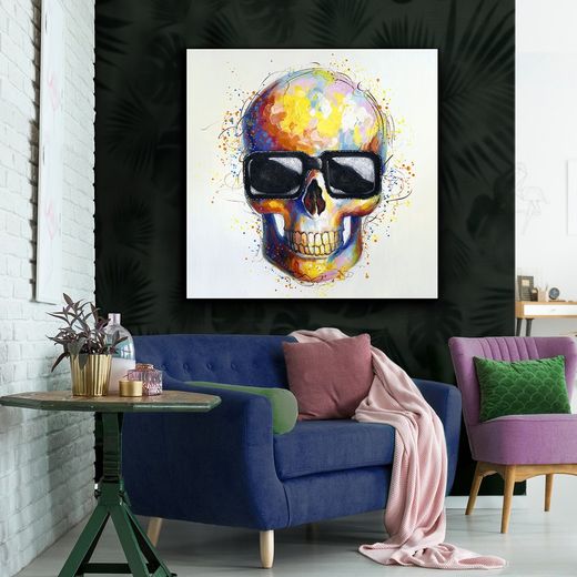 Lienzo calavera con gafas Catrina, 100x4x100cm