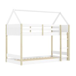 Wooden cabin bunk bed in white and natural, 197.4 x 103.4 x 174.9 cm | Sila