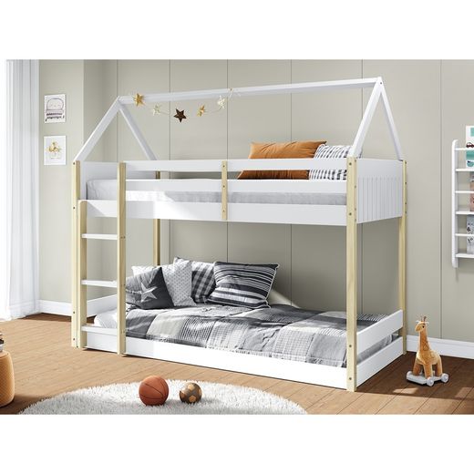 Wooden cabin bunk bed in white and natural, 197.4 x 103.4 x 174.9 cm | Sila
