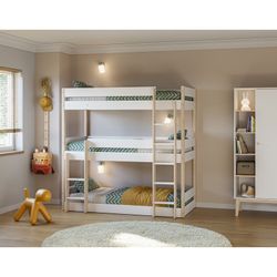 Letto a castello triplo in legno bianco e naturale, 200,4 x 107,9 x 197,6 cm | Milo