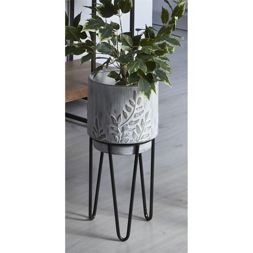 Planter with Stand Ramas S in Pickled White/Black Metal, Ø22x46 cm