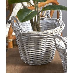 Kubu M Planter in Pickled White Rattan, Ø30x23 cm