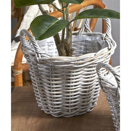 Kubu M Planter in Pickled White Rattan, Ø30x23 cm