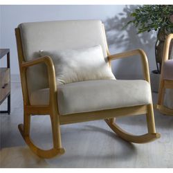 Maire Rocking Chair with Cushion in Beige/Natural Velvet and Wood, 66x88x78 cm