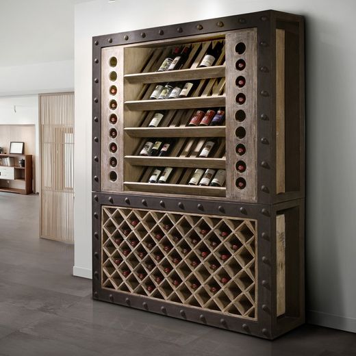 MERLOT I-Natural und schwarzer Flaschenschrank, 33x160x220 cm