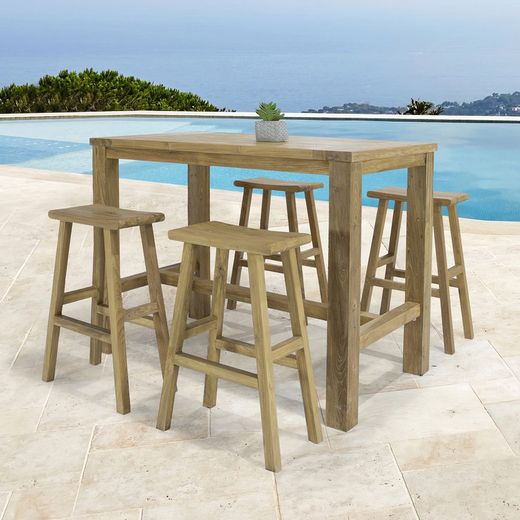 Table à manger haute d'extérieur en bois de teck recyclé naturel, 140 x 80 x 110 cm | Tamou