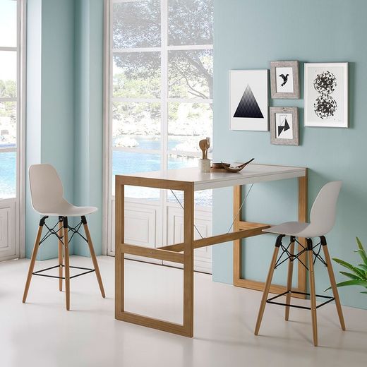 Mesa alta de madera blanca y roble, 140 x 70 x 104 cm