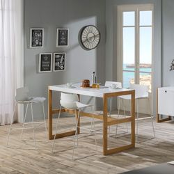 Mesa alta de madera blanca y roble, 140 x 70 x 104 cm