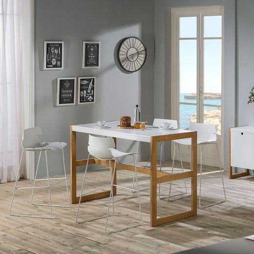 Mesa alta de madera blanca y roble, 140 x 70 x 104 cm