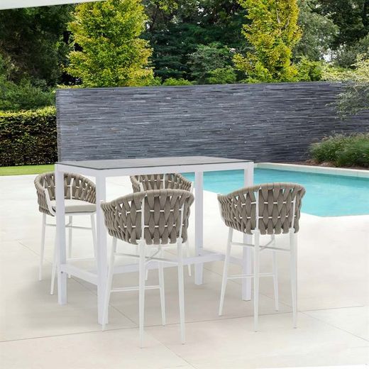 Table haute de jardin en aluminium blanc et gris, 130 x 70 x 106 cm | Méridien