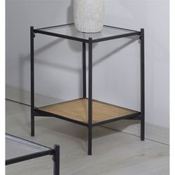 Table d'appoint carrée Oksama S en métal, verre et rotin noir/naturel, 37x37x55 cm