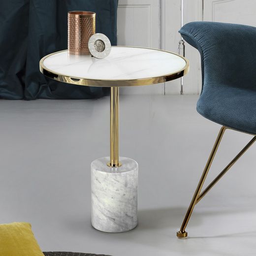 Steel and White Dekala Marble Side Table, Ø46x54cm