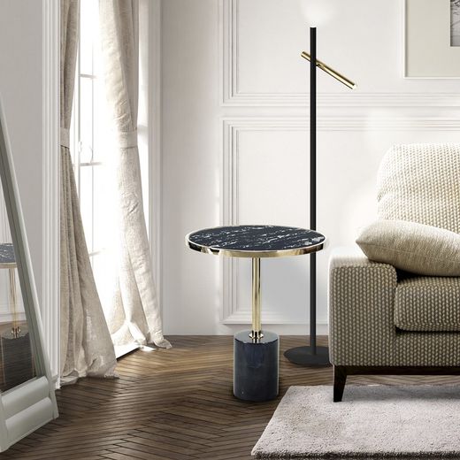Stalen en zwart Dekala marmeren bijzettafel, Ø46x54cm