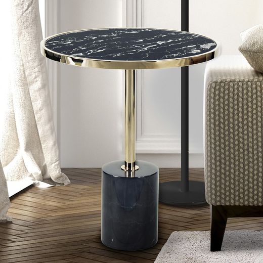 Stalen en zwart Dekala marmeren bijzettafel, Ø46x54cm