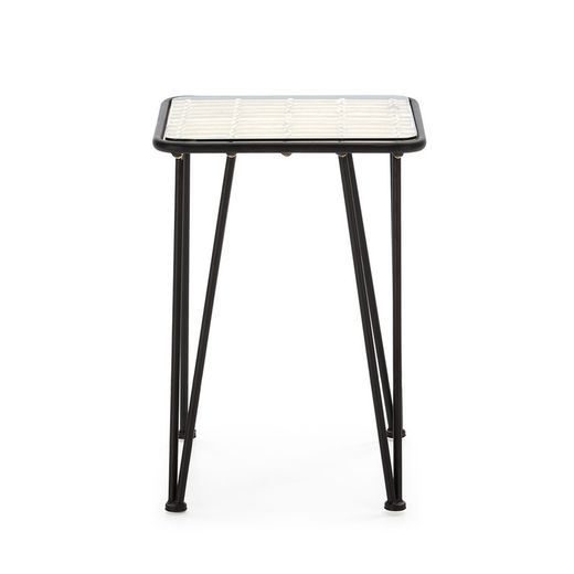 Glass Side Table, Black Metal and Rattan, 41x41x57 cm
