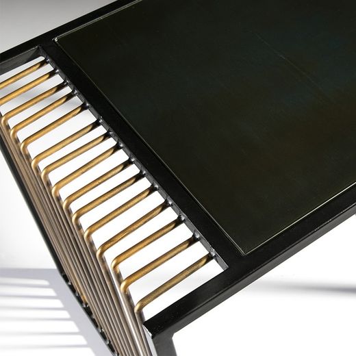 Miroir vieilli et bout de canapé en métal doré et noir, 56x48x51 cm